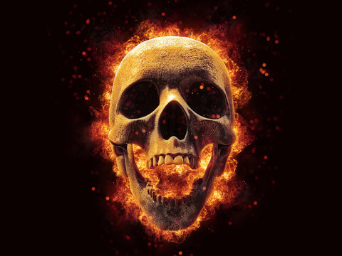 Laughing skull on fire with burning embers in the air - 3D Illustration