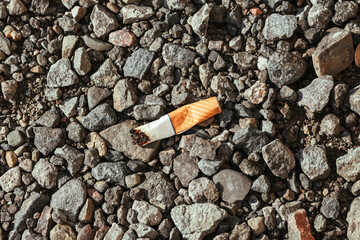 Thrown smoking cigarette butt lying on the ground. Harmful habit for health and pollution of the environment