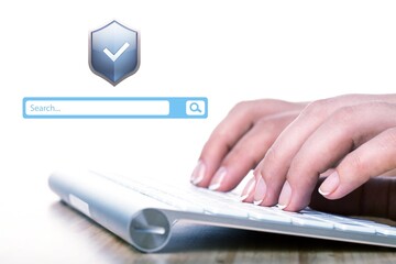 Business person working on computer, icon security, shield, confidentiality of users data.