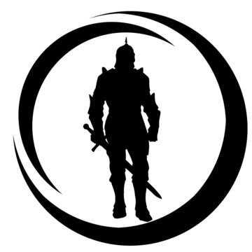 recommend clip art: Medal or stamp of medieval warrior with sword,  bow and spears. The silhouette of an assassin who attacks the enemy