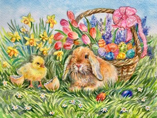 Watercolor little  rabbit. Easter bunny and yellow chick. Decorative  eggs blue, yellow, red.  Horizontal view, copy-space. Template for designs , card, wallpaper.