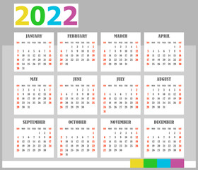 American calendar 2022. Week starts on Sunday