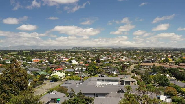 Drone, aerial shot of Timaru, New Zealand. Can be any small city in the west. Opening shot.