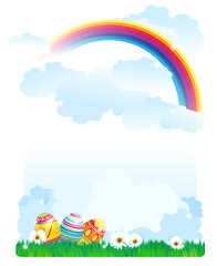 Vertical easter banner with colorful easter eggs, green grass, rainbow and white spring flowers, vector design. Place for text