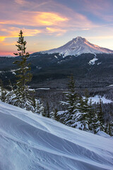 Majestic View of Mount Hood as seen during a winter sunset taken from  the Mount Hood National Forest in Oregon during winter