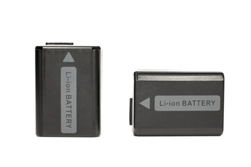 Two black plastic lithium ion batteries for sony photo camera with pure white background. for sony...