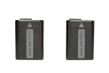 Two black plastic lithium ion batteries for sony photo camera with pure white background. for sony...