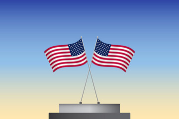 Two USA flags crossed on a pedestal with a sunset background - Vector Illustration