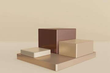 Fototapeta premium Earth colored pedestal display with box stand concept. Podium for brand promotion products, realistic 3d digital rendering