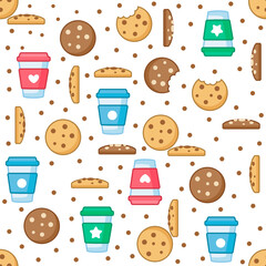 Vector seamless pattern with a cup of coffee and cookies with chocolate chips