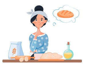 The woman thinks what to cook. Cooking homemade bread. A girl standing at a table with flour, eggs, butter and a rolling pin. A young woman kneads the dough. Vector illustration in cartoon style