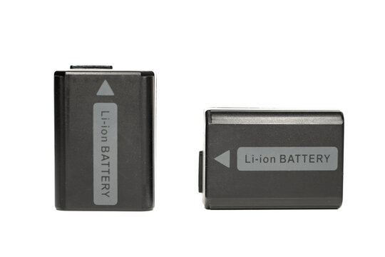Two black plastic lithium ion batteries for sony photo camera with pure white background. for sony a6300 ,a6400 ,a6600. NP-FW50.