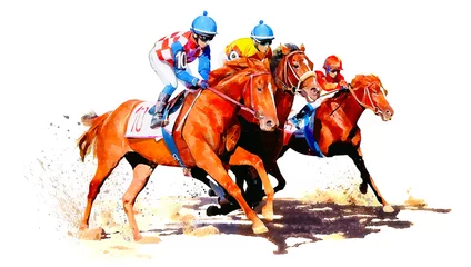 Foto op Canvas Three racing horses competing with each other. Hippodrome. Racetrack. Equestrian. Derby. Horse sport. Watercolor painting illustration isolated on white background © mari