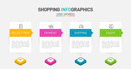 Concept of shopping process with 4 successive steps. Four colorful graphic elements. Timeline design for brochure, presentation, web site. Infographic design layout.