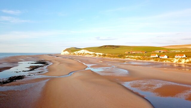 aerial view from Plage de Strouanne to Cap Blanc Nez at sunset and low tide, Cape White Noise, Wissant, Escalles, Pas-de-Calais, Hauts-de-France, France