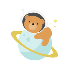 Cute Bear Cosmonaut in cartoon style. Vector illustration. For kids stuff, card, posters, banners, children books, printing on the pack, printing on clothes, fabric, wallpaper, textile or dishes.