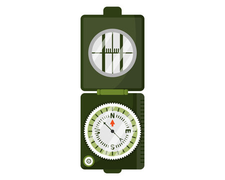 Modern green traveler, soldier and sailor compass with wind rose, ruler, magnifying lens and water level.
