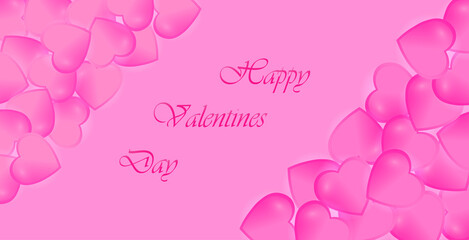 Happy Valentine's Day greeting card with pink hearts on a pink background. Beautiful template for design, holiday card, banner, poster.