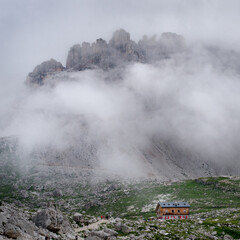 Rifugio Lavaredo mountain shelter before a coming storm, Tre Cime di Lavaredo, Dolomites, Italy