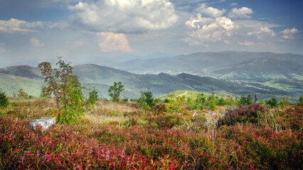 View from Mt Barania Góra towards the town of Węgierska Górka in early autumn, Silesian Beskids,...