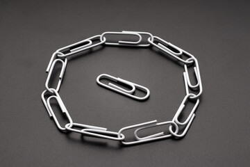 White paper clip surrounded by a ring of linked white paper clips