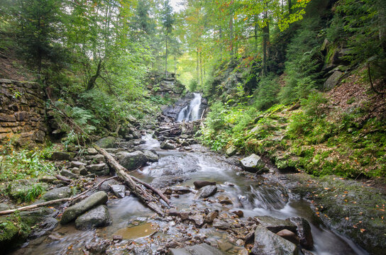 Water pouring down the Kaskady Rodła (Rodła Waterfalls) on the slopes of Mt Barania G&oacute;ra, Silesian Beskids, Poland