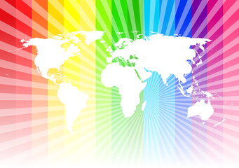 White World map on rainbow colors on striped background. Vector EPS10 illustration.