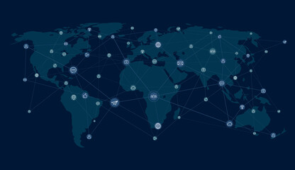 Blue World map with continents, connection lines and communications/social icons background illustration. Vector EPS10.
