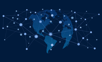 Blue Earth globe with continents, connection lines and communications/social icons background illustration. Vector EPS10.