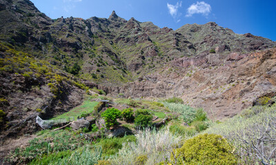 The Barranco de Afur gorge, leading to the beach of Playa de Tamadite, Macizo de Anaga (Anaga Mountains), Tenerife, Spain