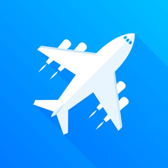 Flat airplane with long shadow on blue gradient background, vector illustration