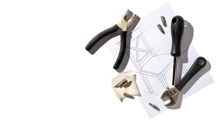 Furniture hand industrial tools and chair assembly drawing. Banner with copy space for text
