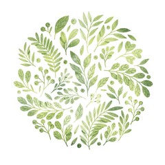Obraz premium Green leaves and branches circle composition. Botanical illustration. Cute florals, berries and leaves. 