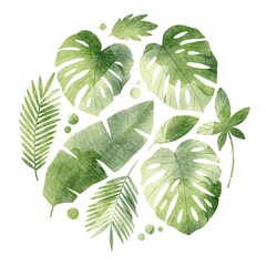 Circle composition with green  monstera leaves. Floral illustration. Floral decoration for wedding, invitations, cards, wall art.