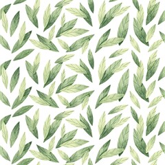 Green leaves seamless pattern isolated on white background. Botanical illustration. Fresh and bright colors. Cute leaves wallpaper or textile design. 