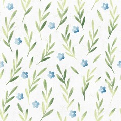 Botanical pattern with green leaves and tiny blue flax flowers. Botanical illustration. Seamless pattern. Floral background.