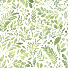 Tiny green leaves seamless pattern isolated on white background. Botanical illustration. Fresh and bright colors. Cute leaves wallpaper or textile design. 