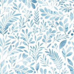 Fototapeta na wymiar Tiny blue leaves seamless pattern isolated on white background. Botanical illustration. Fresh and bright colors. Cute leaves wallpaper or textile design. 