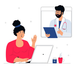Fototapeta na wymiar Online doctor consultation. The patient is at a remote appointment with a therapist. A woman has a conversation with a medical worker by video call using laptop. Telemedicine concept
