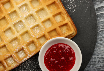 American or Belgian waffle with strawberry jam