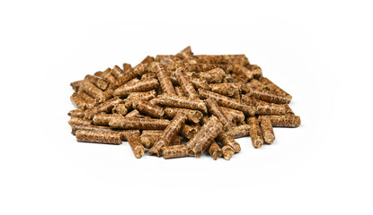 Heap of hardwood pellets for food smoking on white
