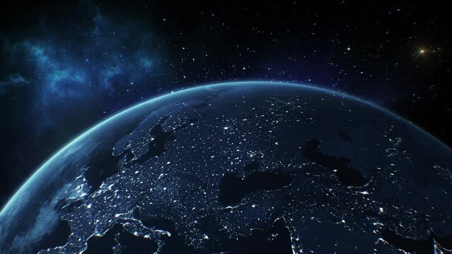 Planet Earth View from Space. Europe Cities Lights at Night. Beautiful View of the Globe from Orbit Satellite. World Technology and Business Concept. 4k UHD 3840x2160