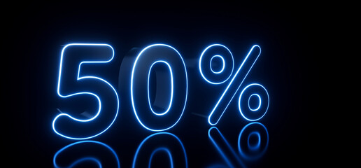 Modern Black 50% Percent Sign With Futuristic Blue Glowing Neon Lights Isolated On The Black Background - 3D Illustration	
