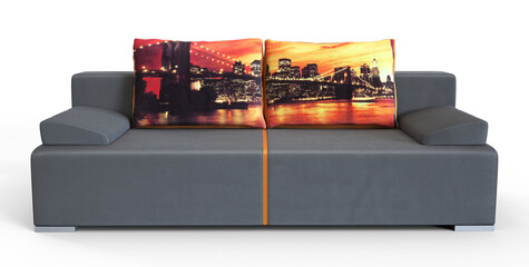 sofa with print on pillows on white background advertising