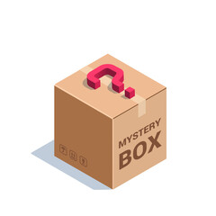 isometric vector illustration isolated on white background, mystery box, cardboard box with a question mark