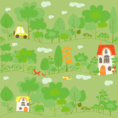 Obraz na płótnie Canvas trees, houses, car,plane, foxes, fox, wallpaper, background, children's, funny, cute, touching, sincere, calm, pastoral, summer, nature, livelseamless pattern with landscape, houses, car and airplane 