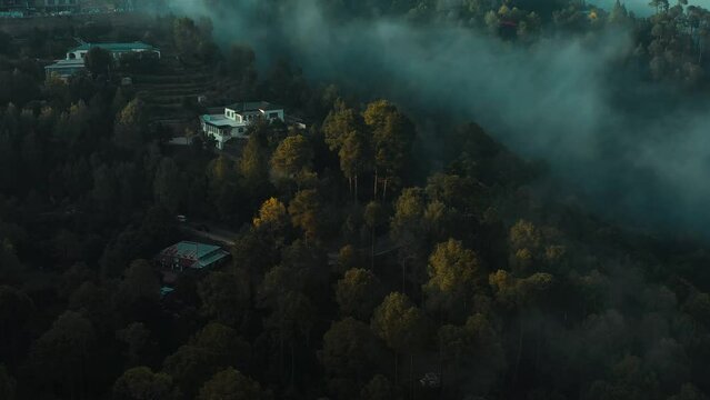 Aerial view of a village in green hills surrounded by trees in Murree, Pakistan