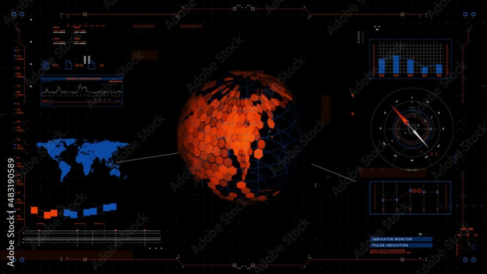 Aufkleber animation of user interface hud. globe world moving on technological display background.