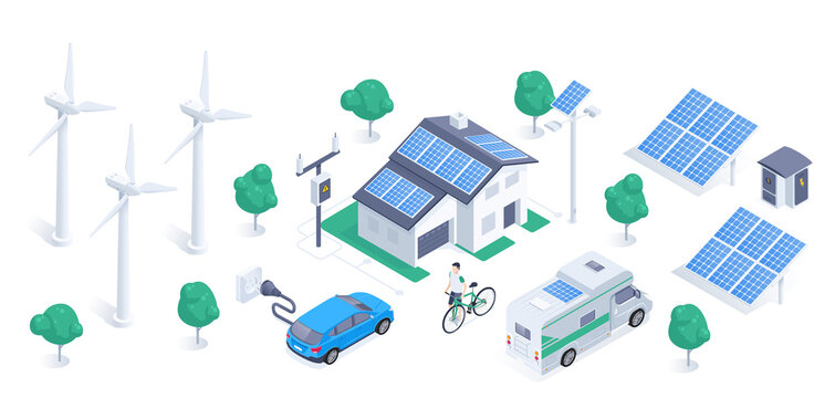 isometric vector illustration isolated on white background, wind generator and solar battery, green energy, electric car and solar powered house