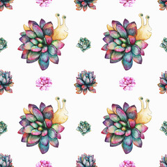 A watercolor snail with a shell in the form of a bright succulent.